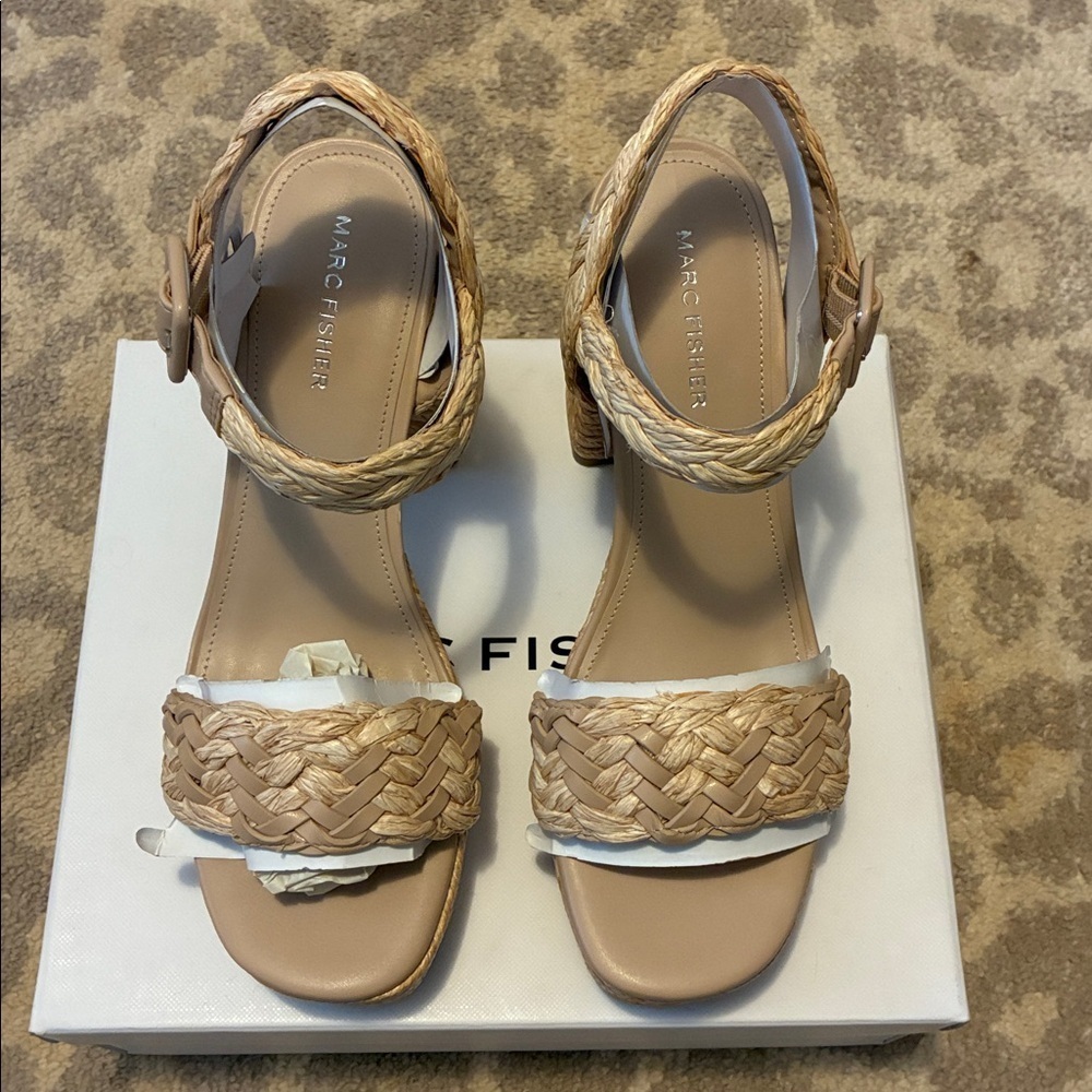Marc Fisher Womens Seclude Tan Woven Block Heel Platform Sandals Shoes New - Picture 2 of 5